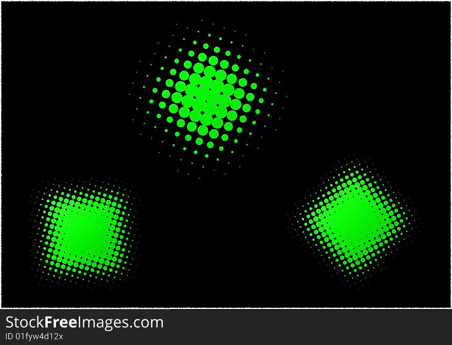 Illustration of Three Green spotted Shapes with black background.