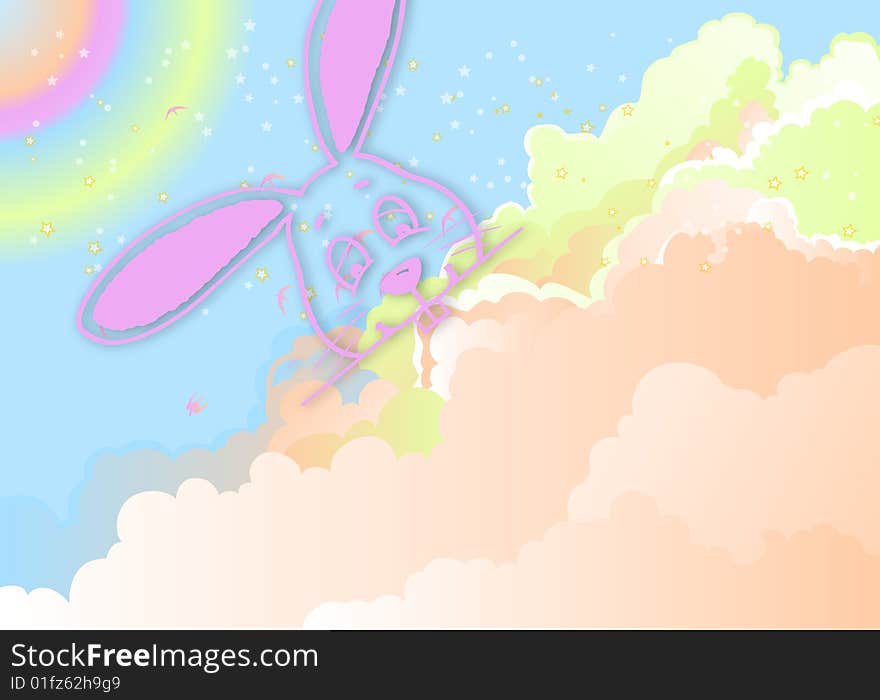 Illustration for Easter with a bunny on colourful sky background. Illustration for Easter with a bunny on colourful sky background