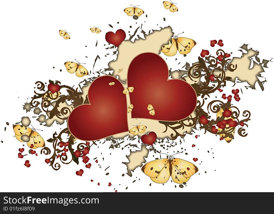 Grungy Red Hearts Surrounded by Butterflies