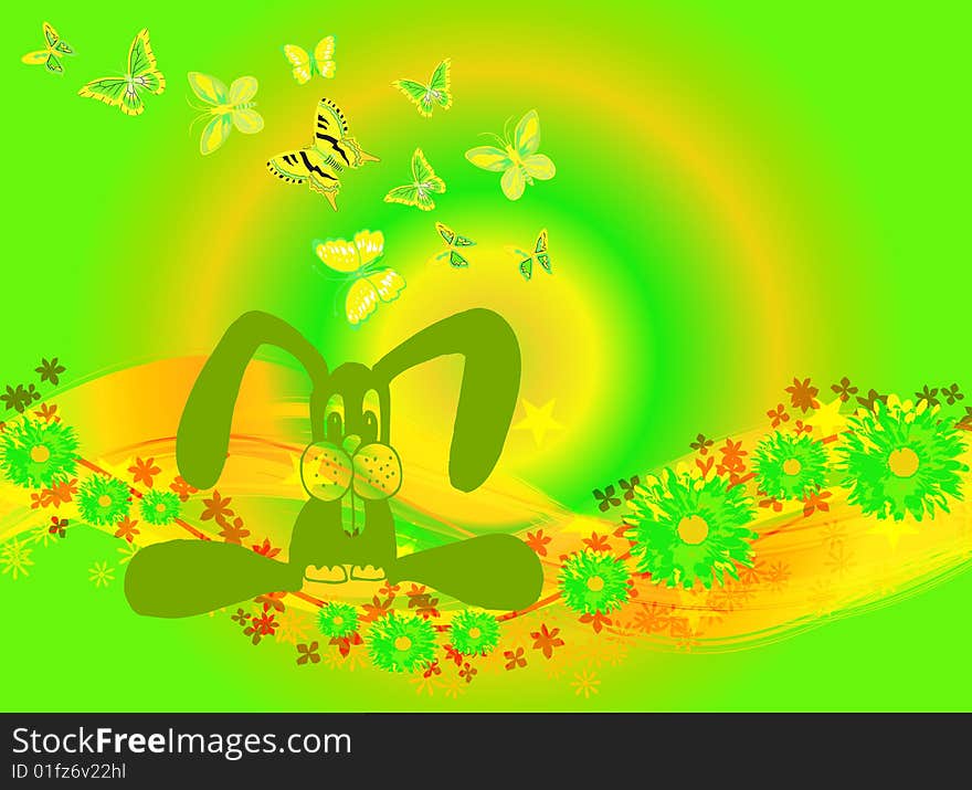 Illustration for Easter with a bunny and Butterflies on colourful background. Illustration for Easter with a bunny and Butterflies on colourful background