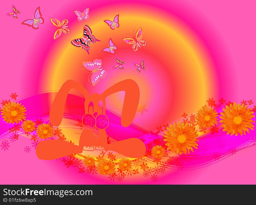 Illustration for Easter with a bunny and Butterflies on colourful background. Illustration for Easter with a bunny and Butterflies on colourful background