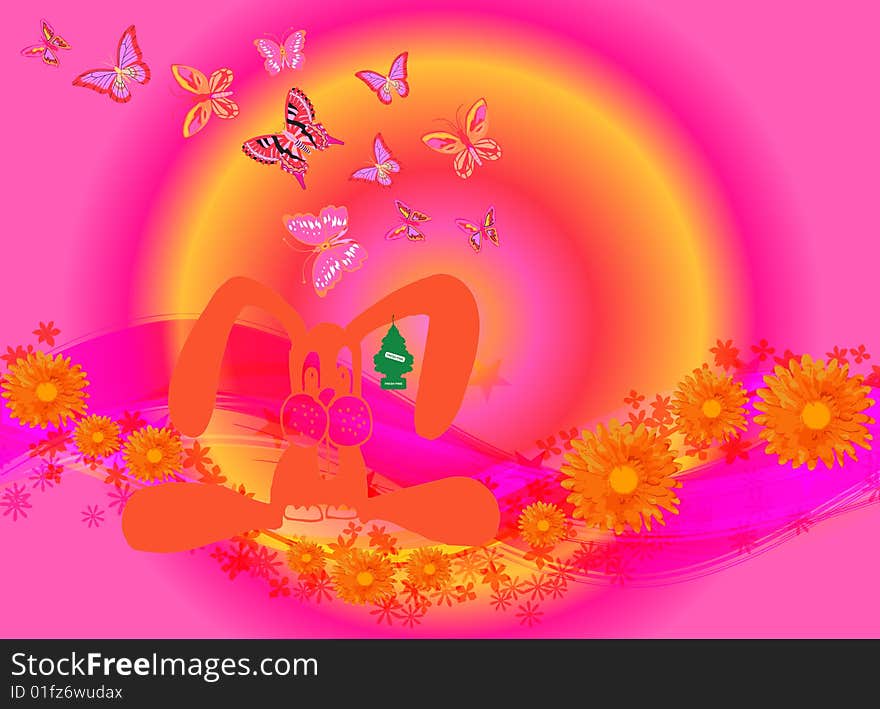 Illustration for Easter with a bunny and Butterflies on colourful background. Illustration for Easter with a bunny and Butterflies on colourful background