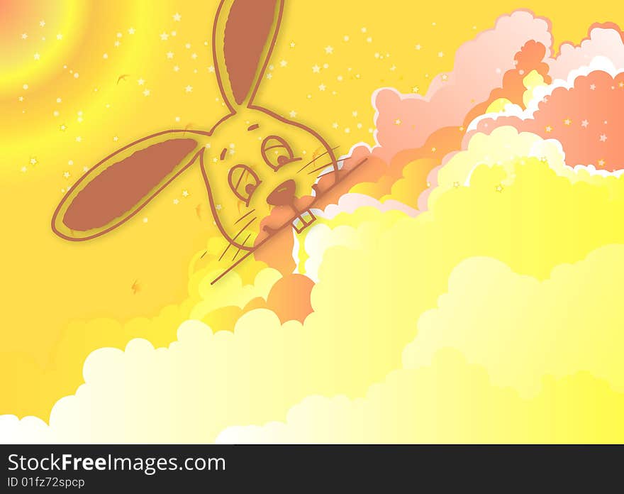 Illustration for Easter with a bunny on colourful sky background. Illustration for Easter with a bunny on colourful sky background