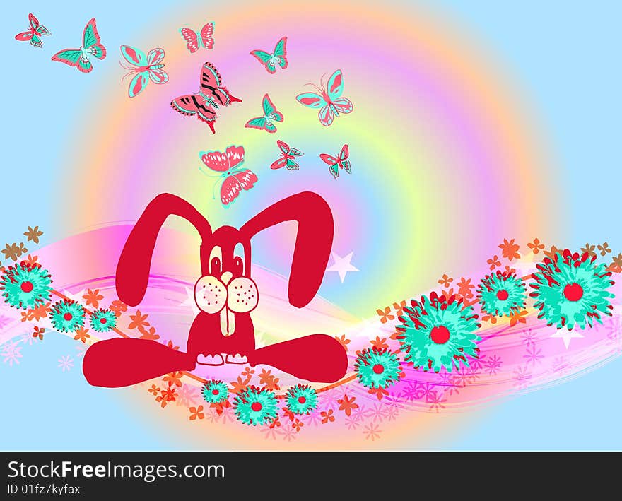 Illustration for Easter with a bunny and Butterflies on colourful background. Illustration for Easter with a bunny and Butterflies on colourful background