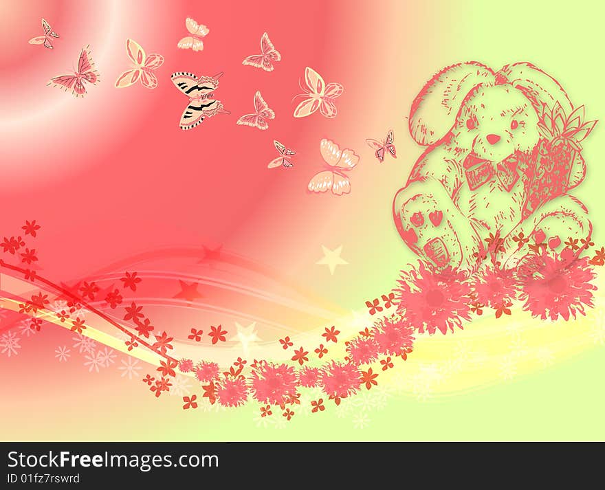 Illustration for Easter with a bunny and Butterflies on colourful background. Illustration for Easter with a bunny and Butterflies on colourful background