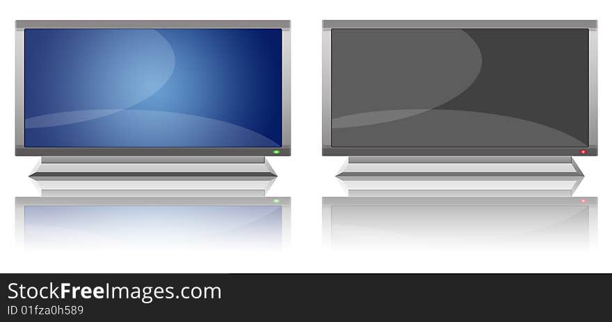 Flat LCD tv Liquid-Crystal Display with reflection. two versions: off - on. Flat LCD tv Liquid-Crystal Display with reflection. two versions: off - on