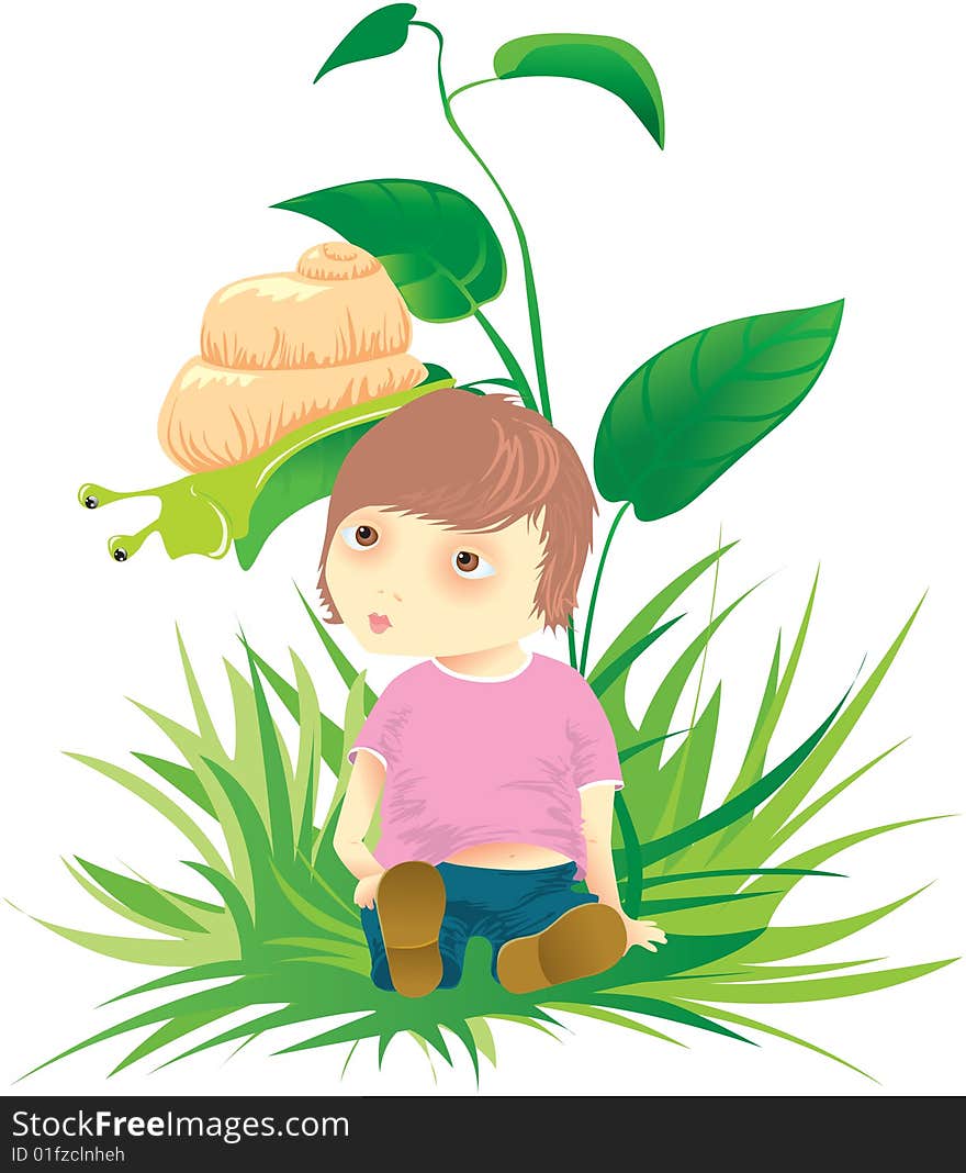 Cute child with snail on a grass