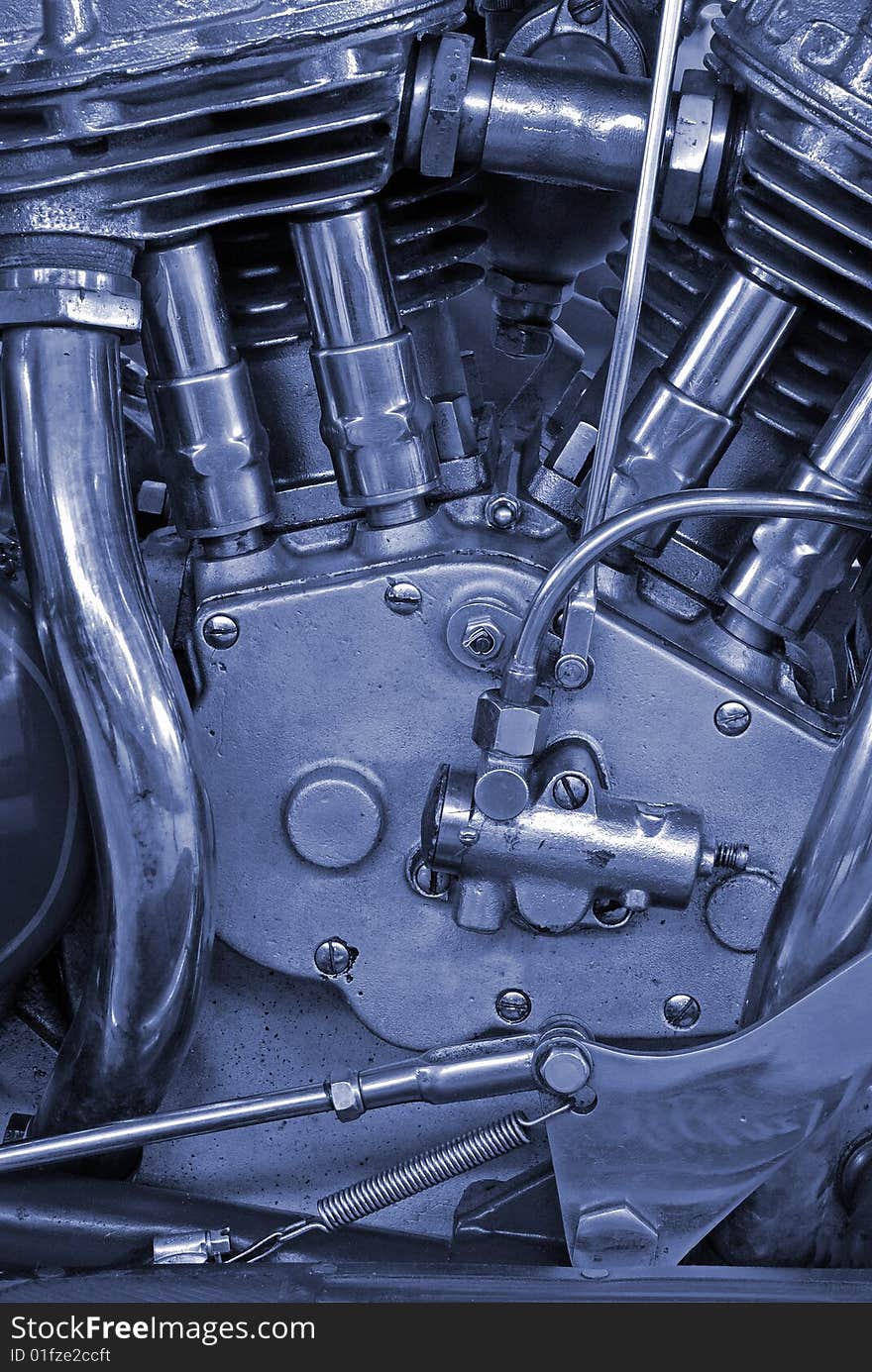 Close-up of the motorcycle motor.