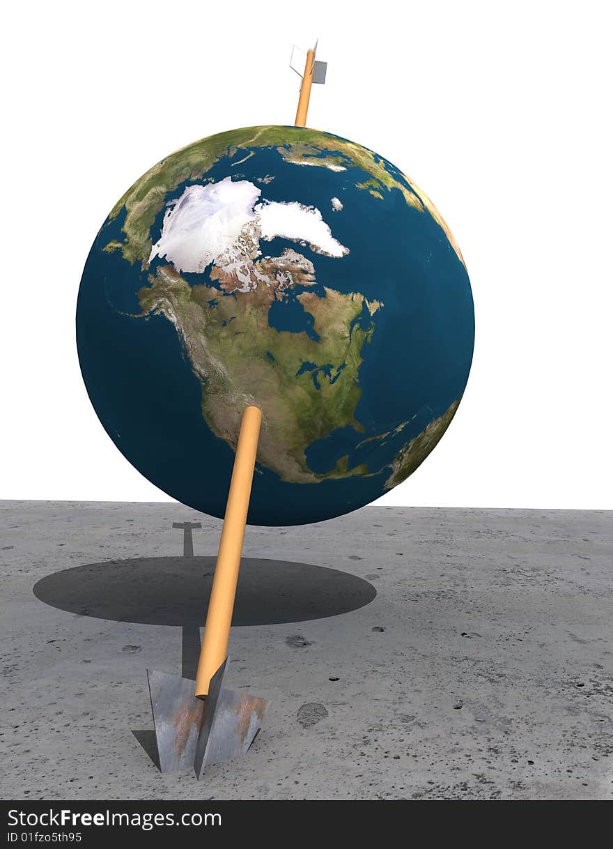 Planet Earth hit by an wodden arrow, stuck in concrete. 3d rendered with Nasa map