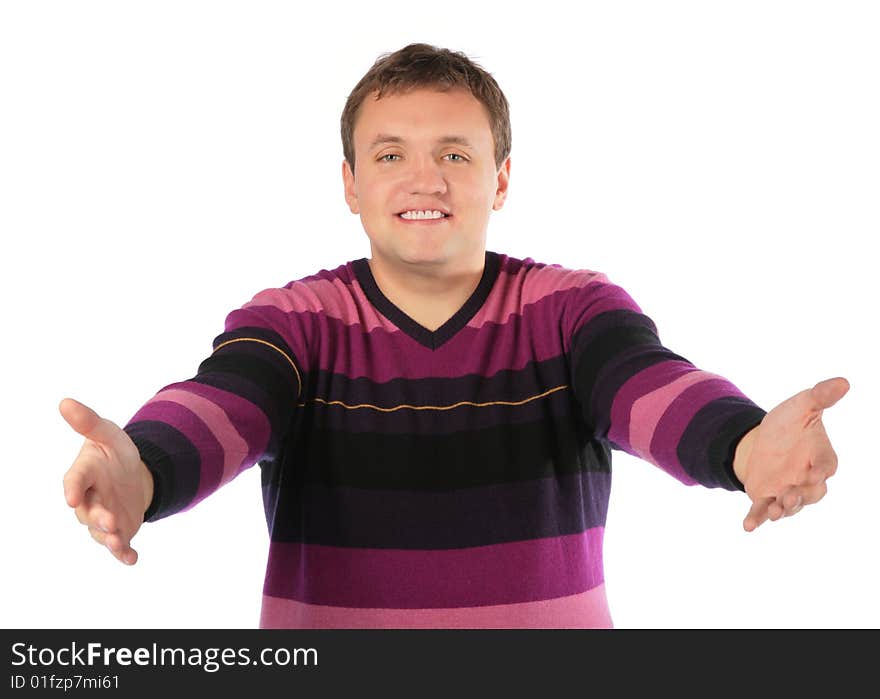 Man welcomes on white background