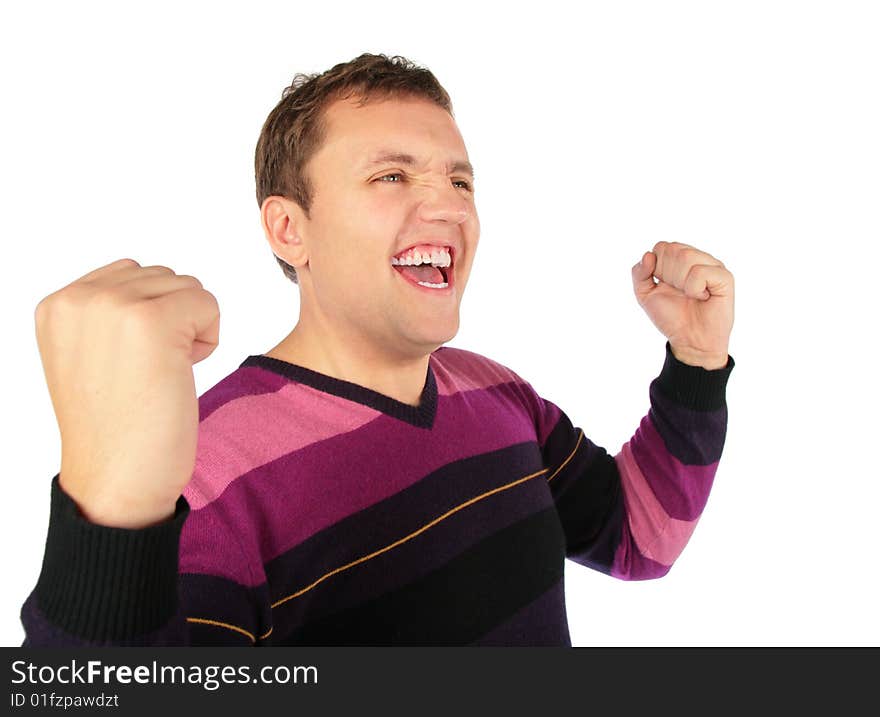 Man celebrates a victory on white background