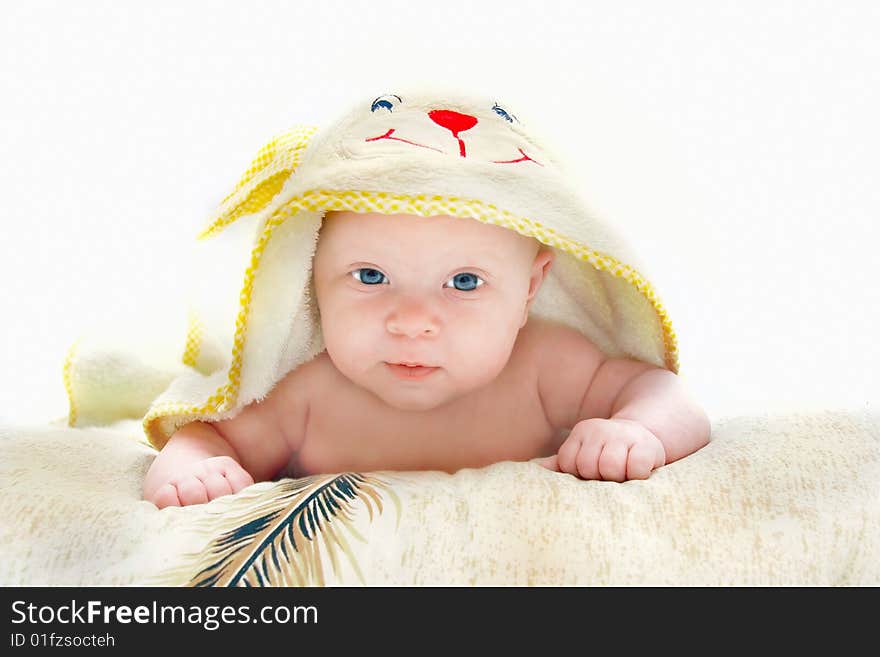 Baby after bath portrait over white