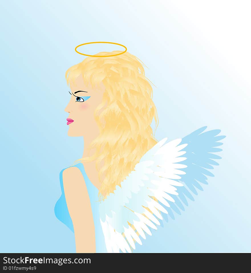 The girl an angel with wings on a blue background, an illustration