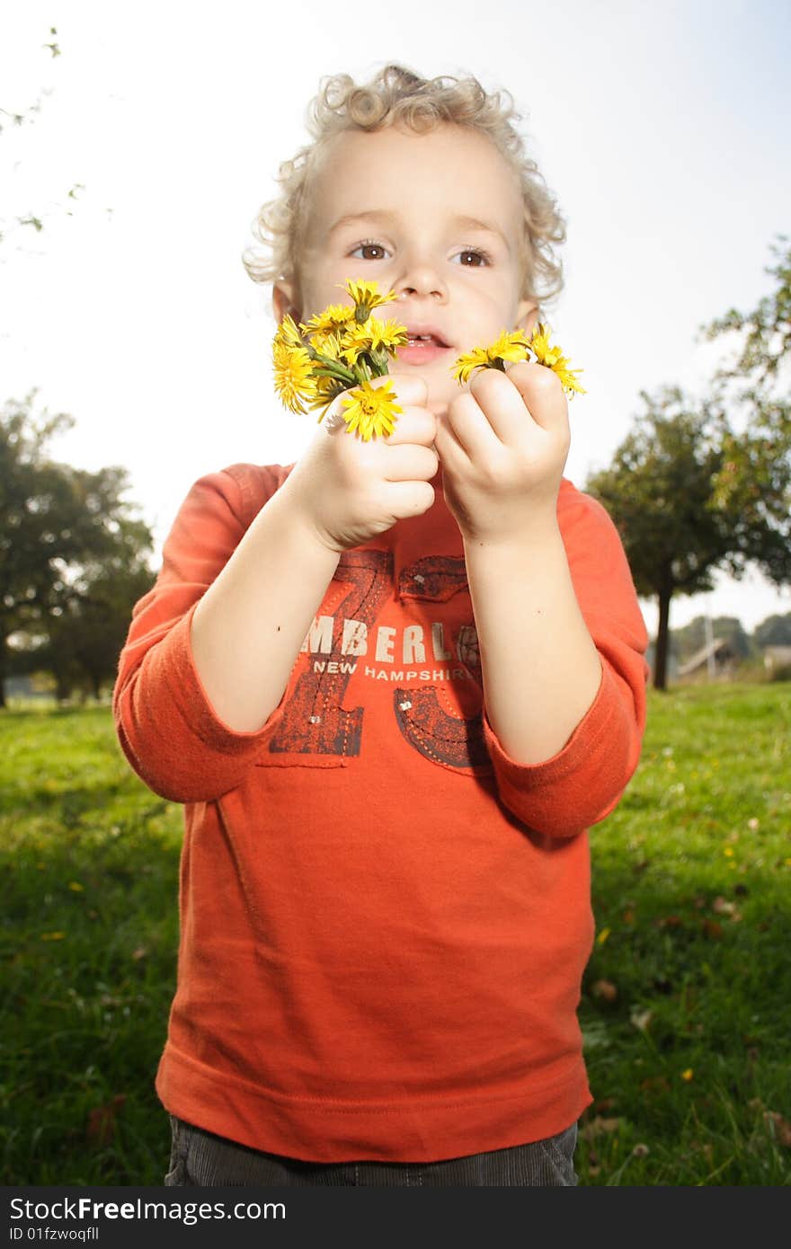 Kid picking up flowers