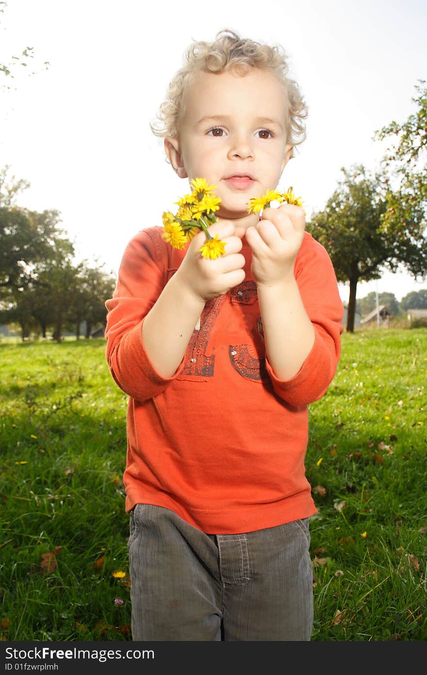 Kid picking up flowers