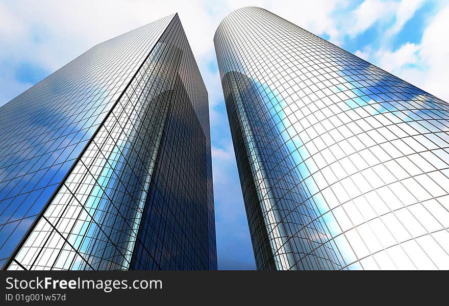 Skyscrapers with cloudy sky reflection