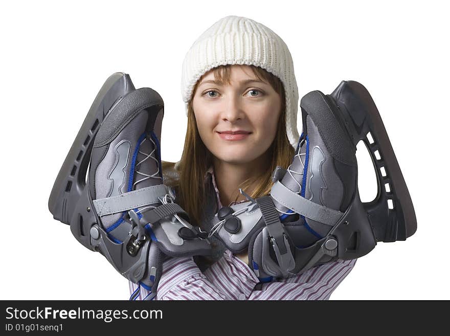 Happy young woman with ice skates, isolated on white