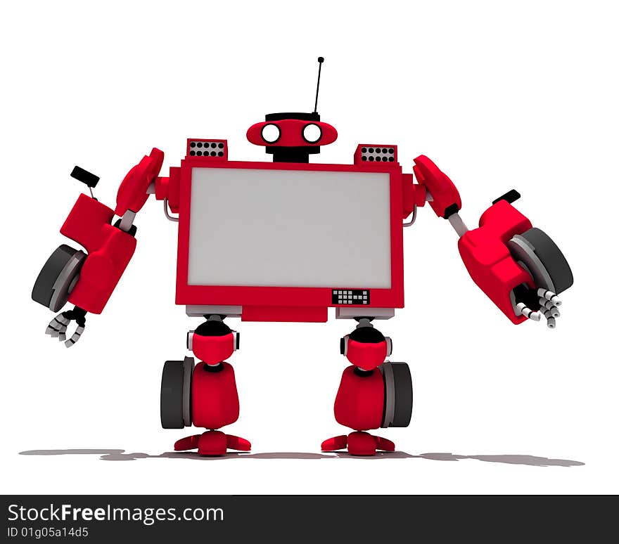 Red robot television set stands on white background