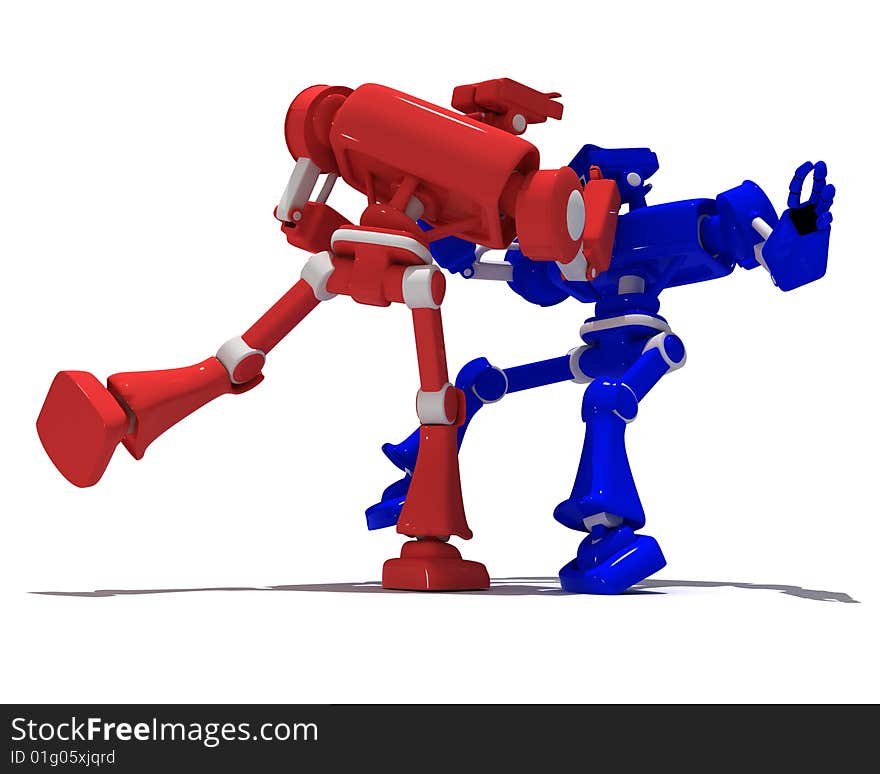 Red robot strikes a blow blue