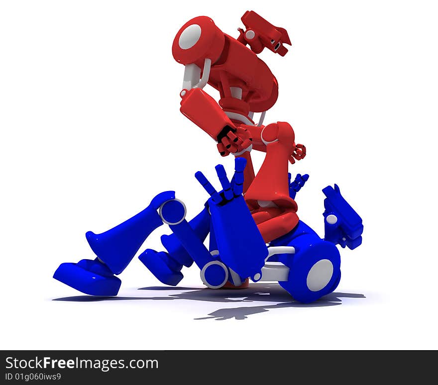 Red robot has won in fighting blue robot