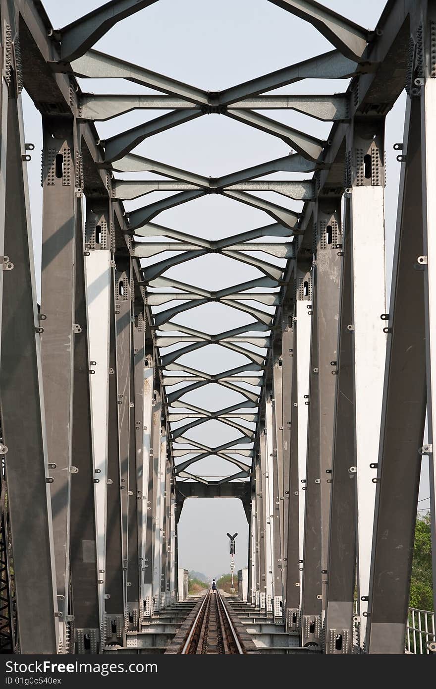 Girl go home after school cross old steel railway bridge, Nakon Pa Thaom, Thailand. Girl go home after school cross old steel railway bridge, Nakon Pa Thaom, Thailand.