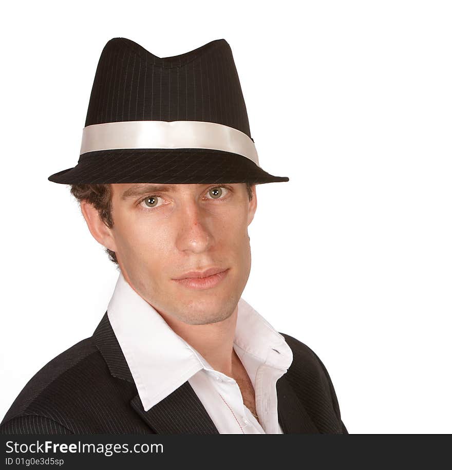 Young man with black hat matching his suit. Young man with black hat matching his suit