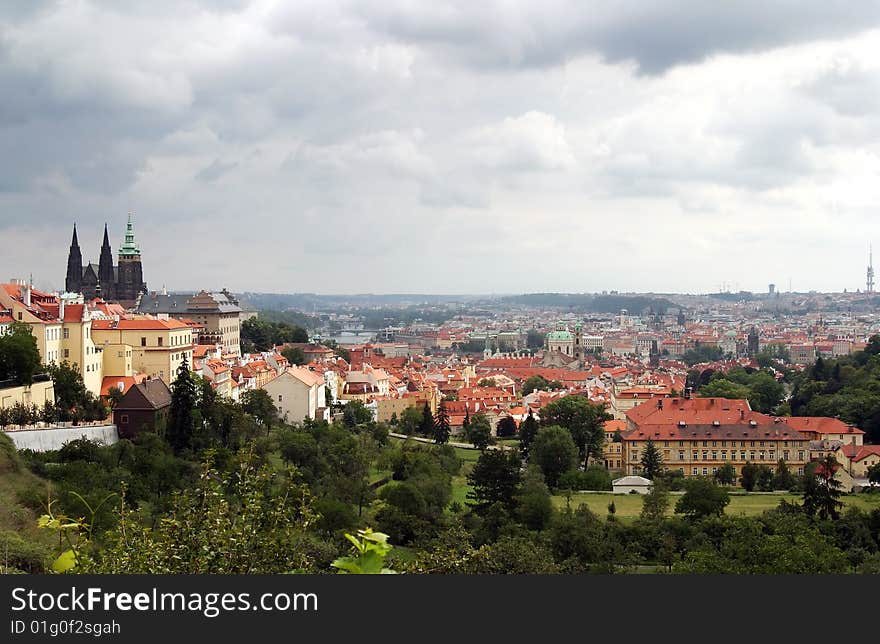 Bird-eye view on historical center of Prague, Czech Rep.