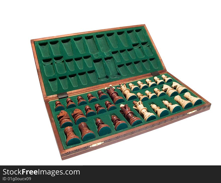 Chess box with chess figures inside, isolated on white with clipping path
