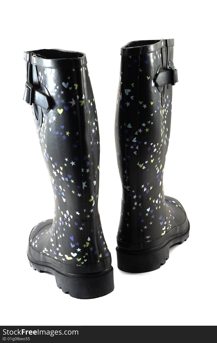 Rubber boots, black, insulated on white background. Rubber boots, black, insulated on white background