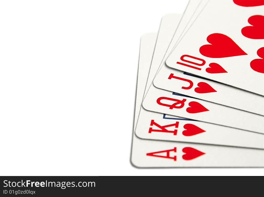 Royal flush over white background