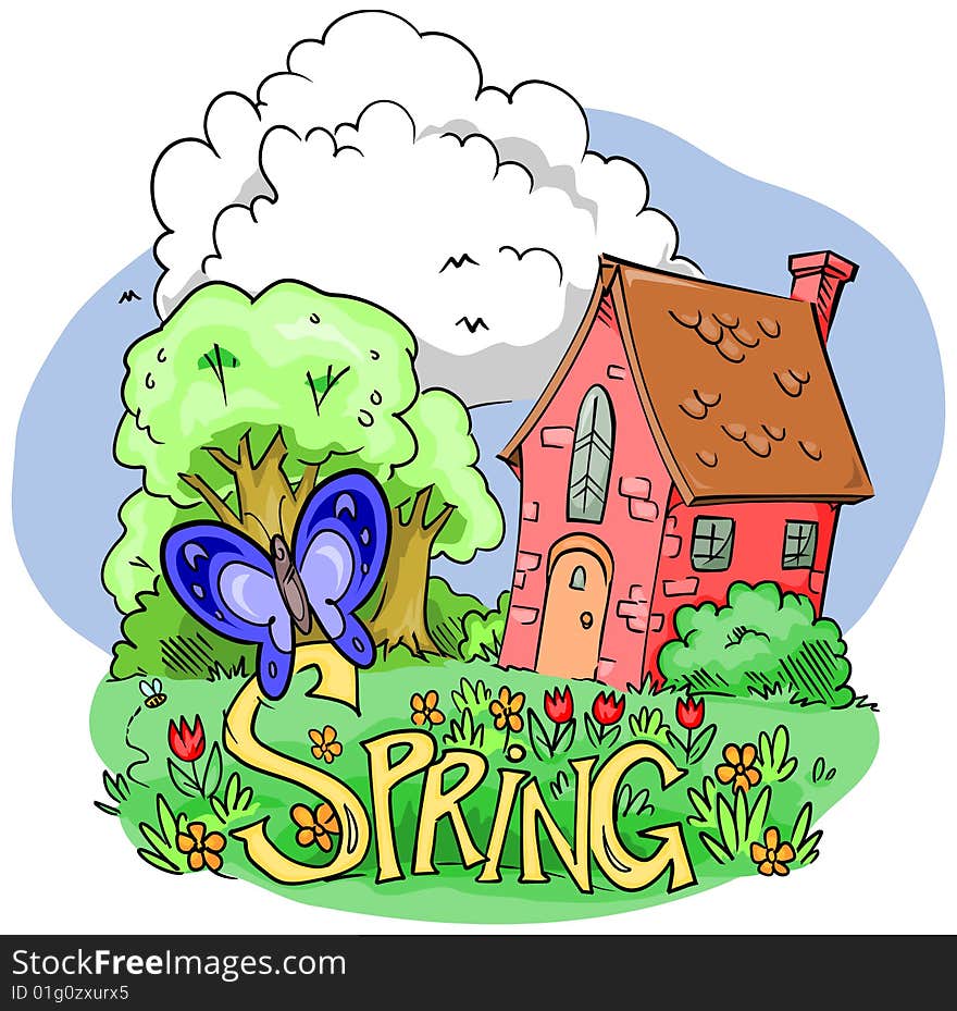 Outdoor scene with flowers, trees, clouds, a cute house and a butterfly. Outdoor scene with flowers, trees, clouds, a cute house and a butterfly.