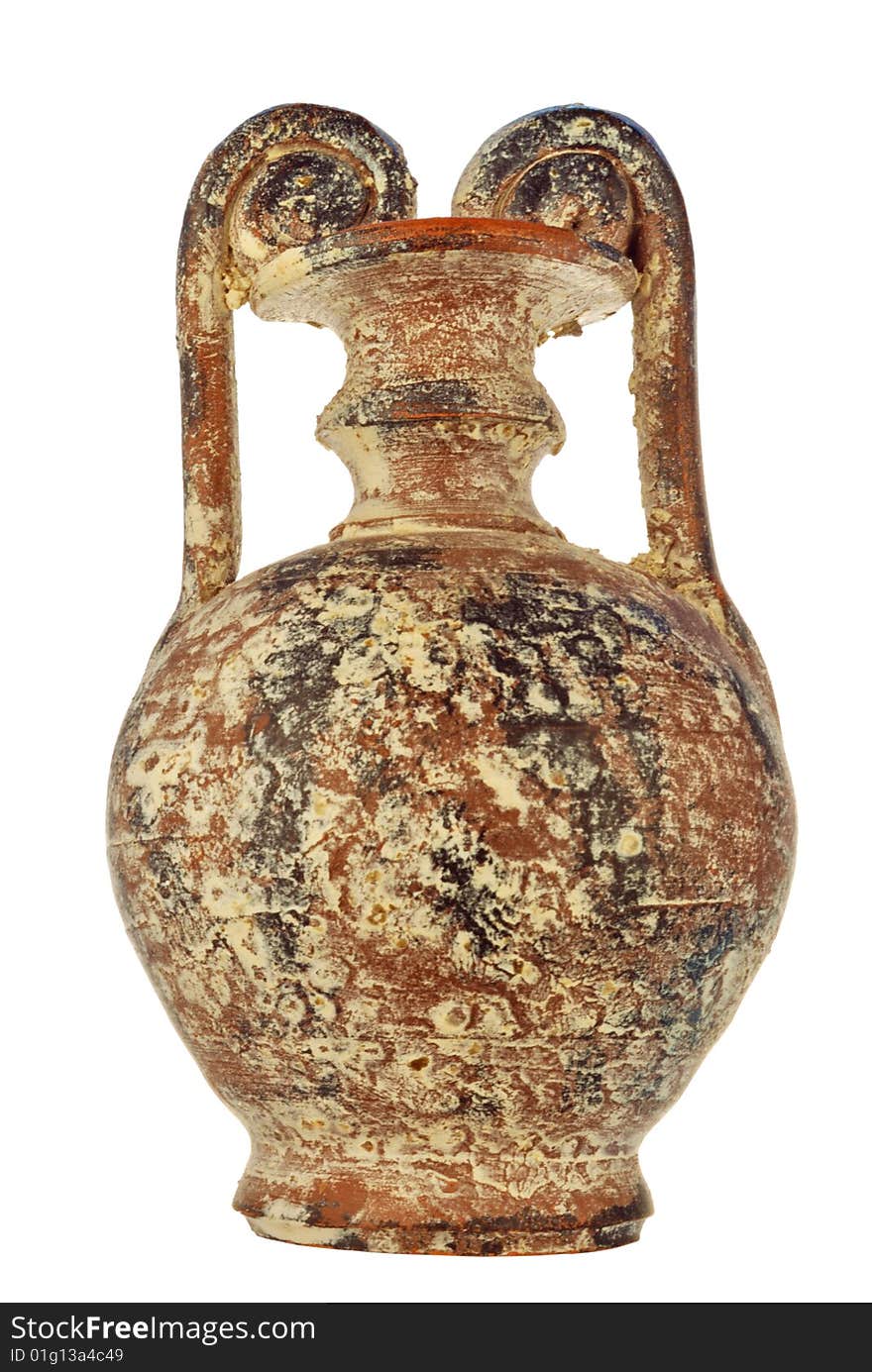 Age-old amphora with bloom of salt and gypsum in a brown color