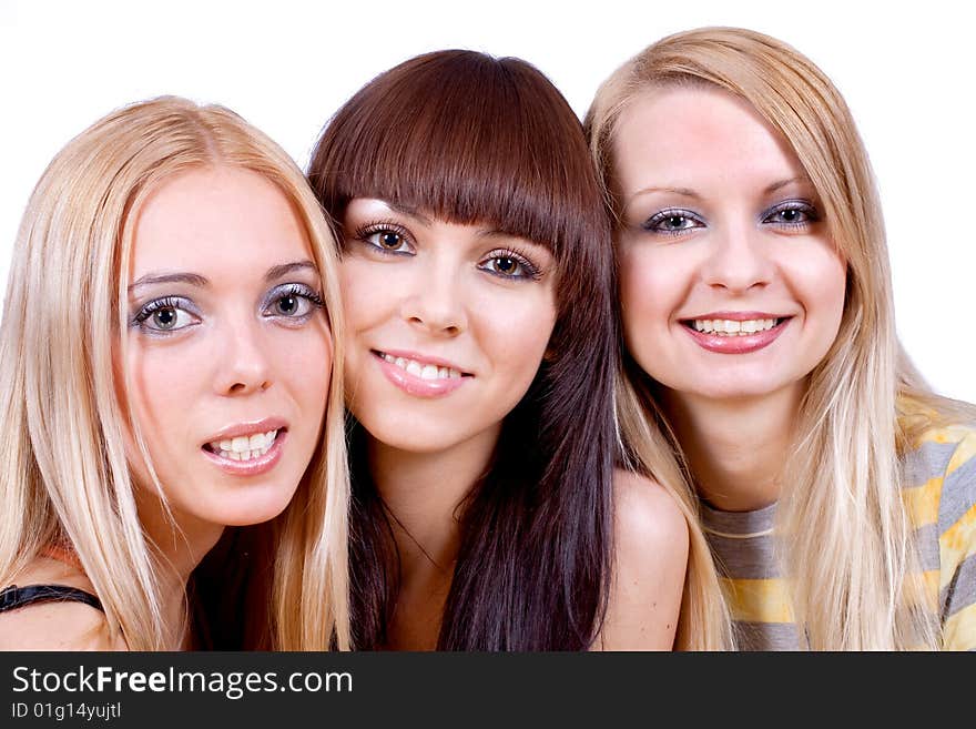 Three girlfriends together on a white background