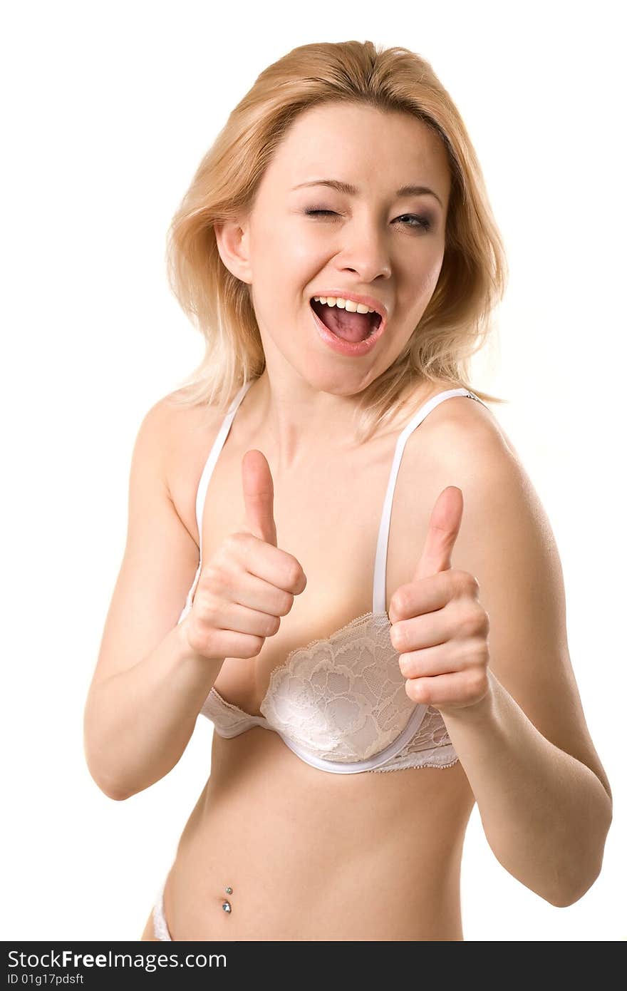 Blond girl in white underwear, on white background. Blond girl in white underwear, on white background