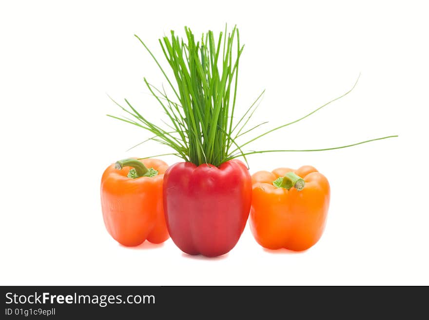 Three colour sweet pepper and green onions. Three colour sweet pepper and green onions