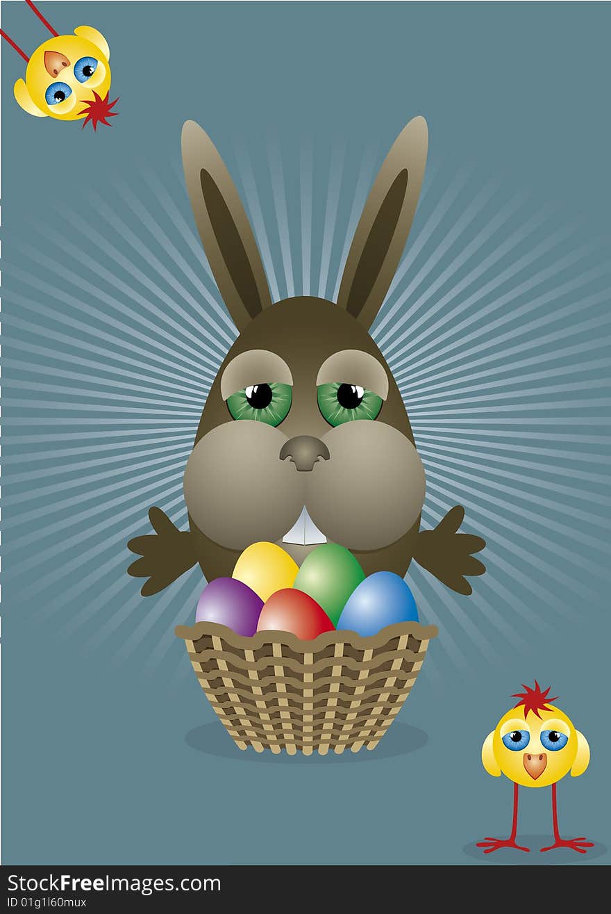 Bunny with a basket full of colored eggs and two chicks funny. Bunny with a basket full of colored eggs and two chicks funny