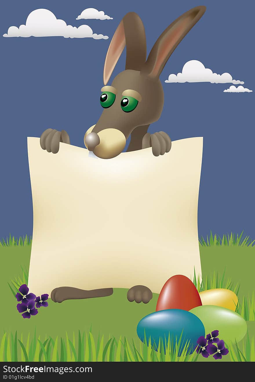 Sits on the meadow brown bunny, holding a banner and on the grass lies eggs. Sits on the meadow brown bunny, holding a banner and on the grass lies eggs