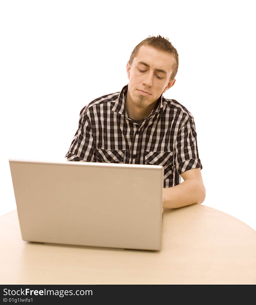 Man with laptop on white. Man with laptop on white