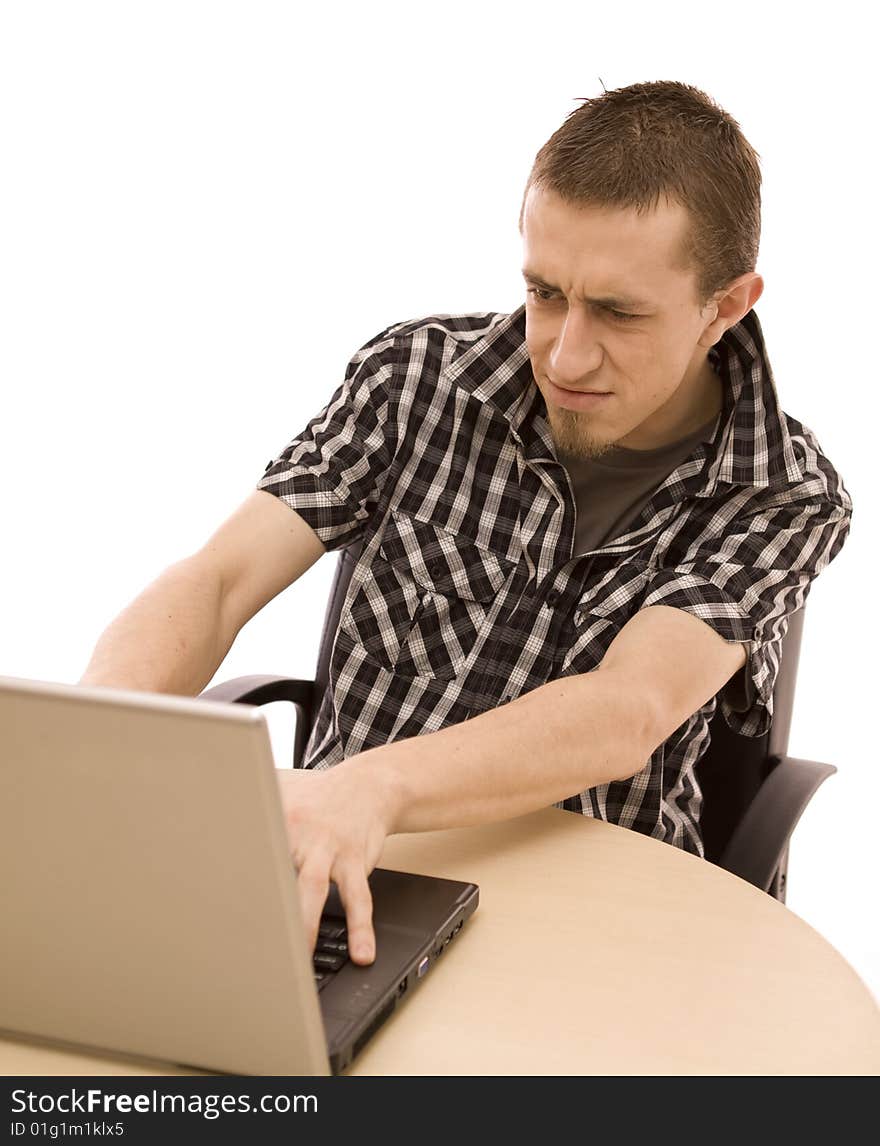 Man with laptop on white. Man with laptop on white