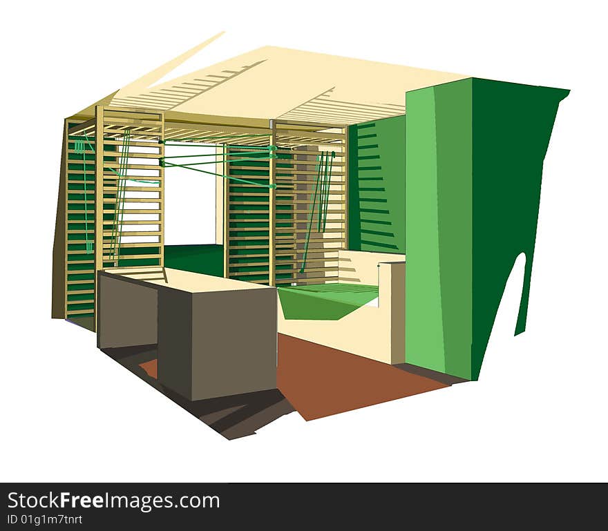 Green room with ladders and cords for children. Green room with ladders and cords for children