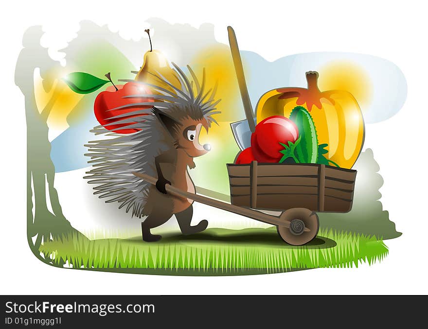 The hedgehog carries the cart with vegetables and the tool