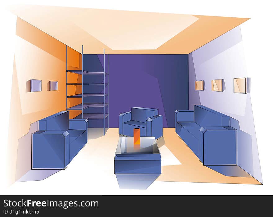 Blue furniture in a room with orange walls. Blue furniture in a room with orange walls