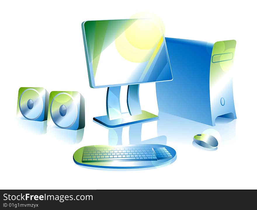 The computer with yellow, green, blue strips on a white background. The computer with yellow, green, blue strips on a white background