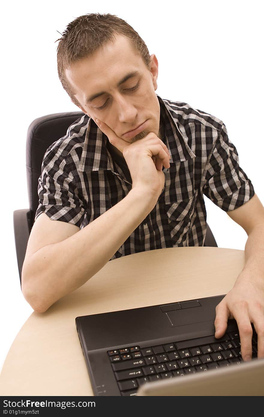 Man with laptop on white. Man with laptop on white