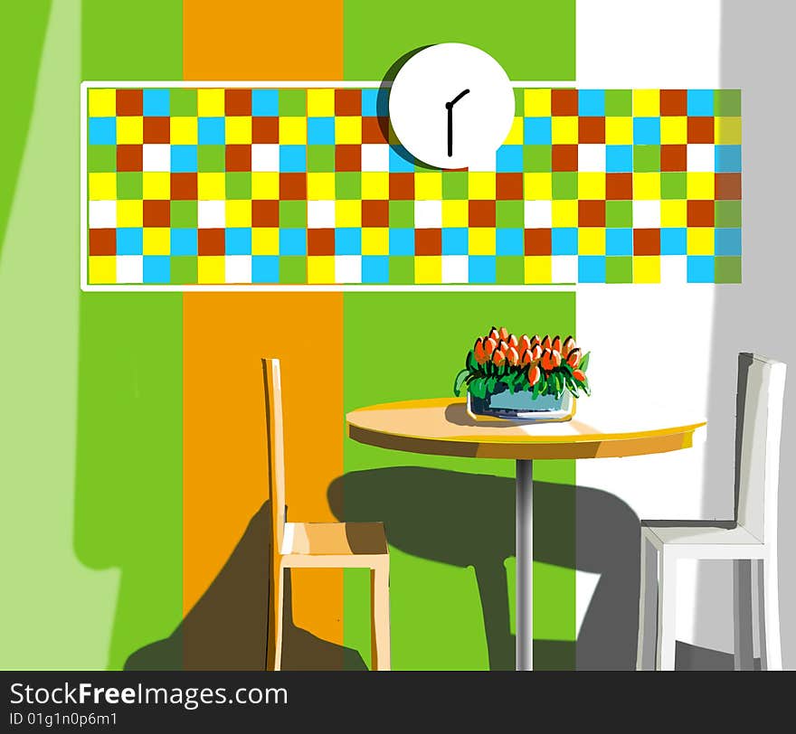 Wall in kitchen with green both orange half-experts and a square mosaic