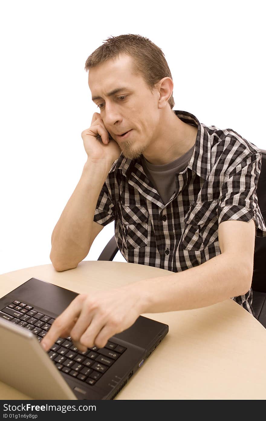 Man with laptop on white. Man with laptop on white