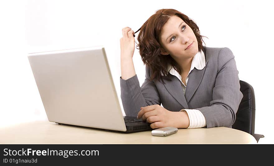 Woman with laptop on a white background