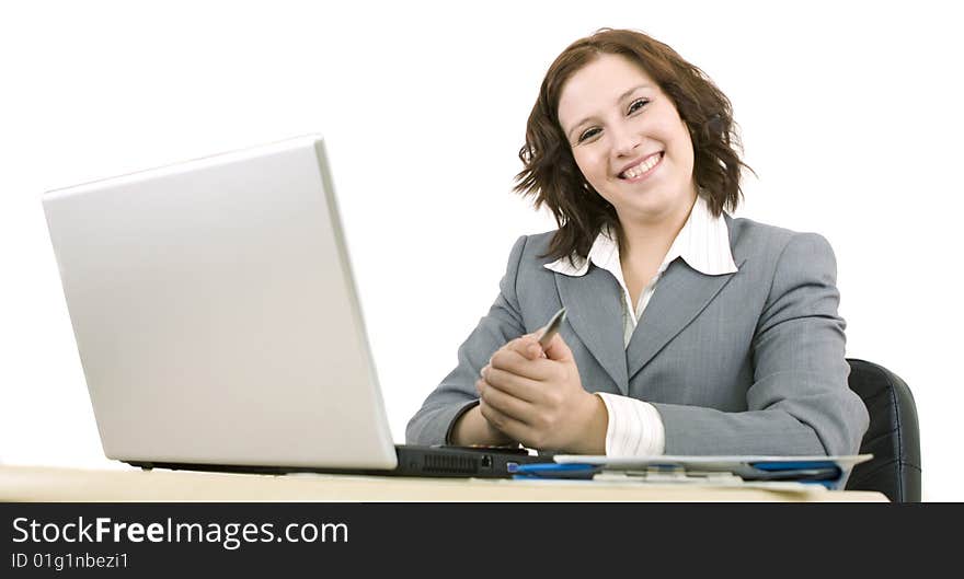 Woman with laptop on a white background