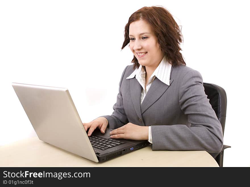 Woman with laptop on a white background