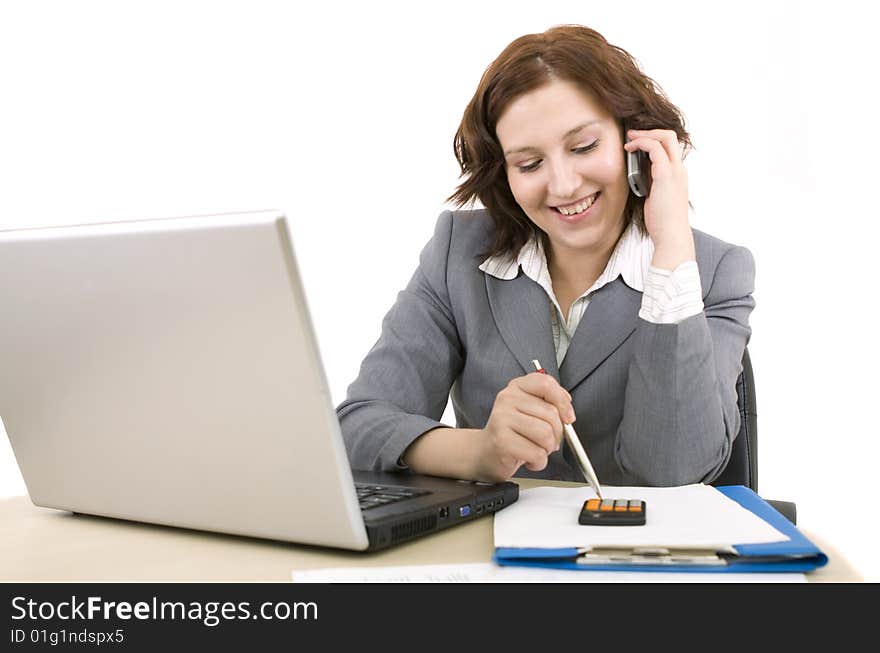 Woman with laptop on a white background